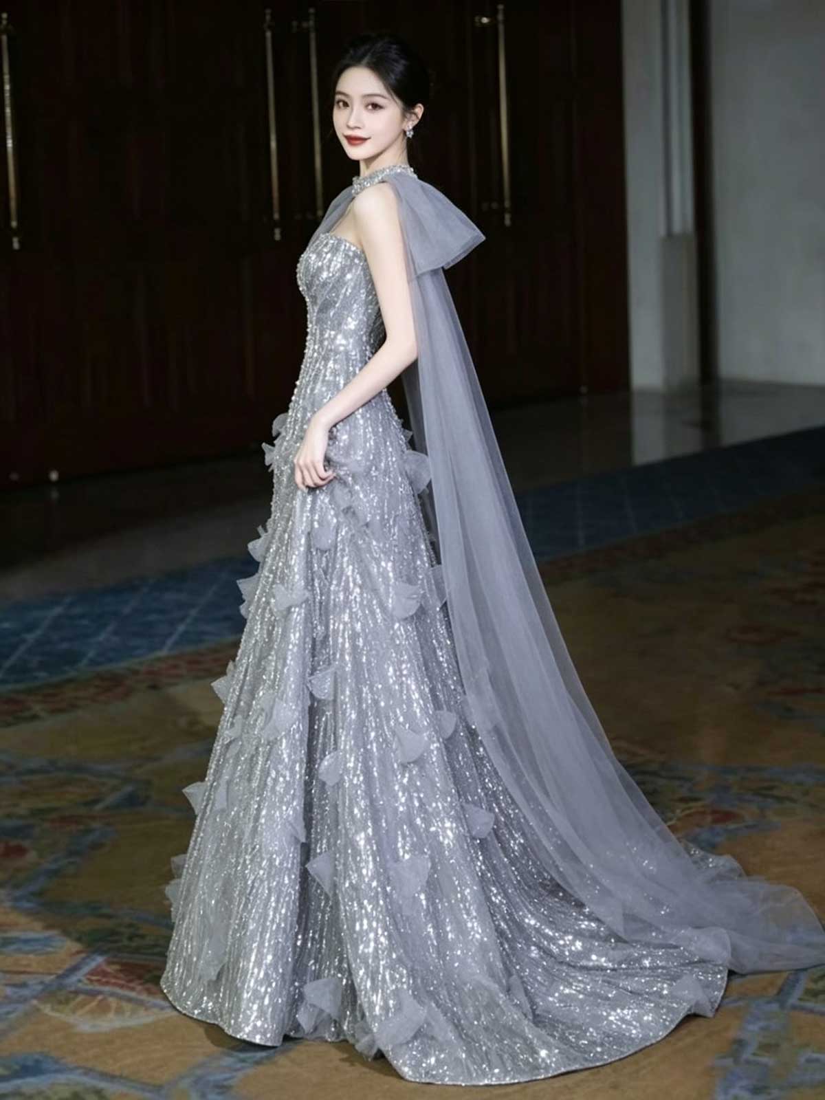 Silver Sequin One-Shoulder Tulle A-Line Evening Gown with Cape