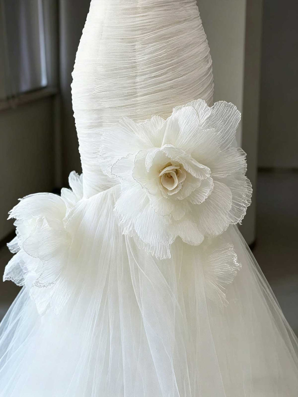 Ivory Ruched Tulle Strapless Mermaid Wedding Dress with 3D Floral Accent
