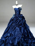 Strapless Navy Floral Beaded Ruffle Satin A-Line Formal Gown