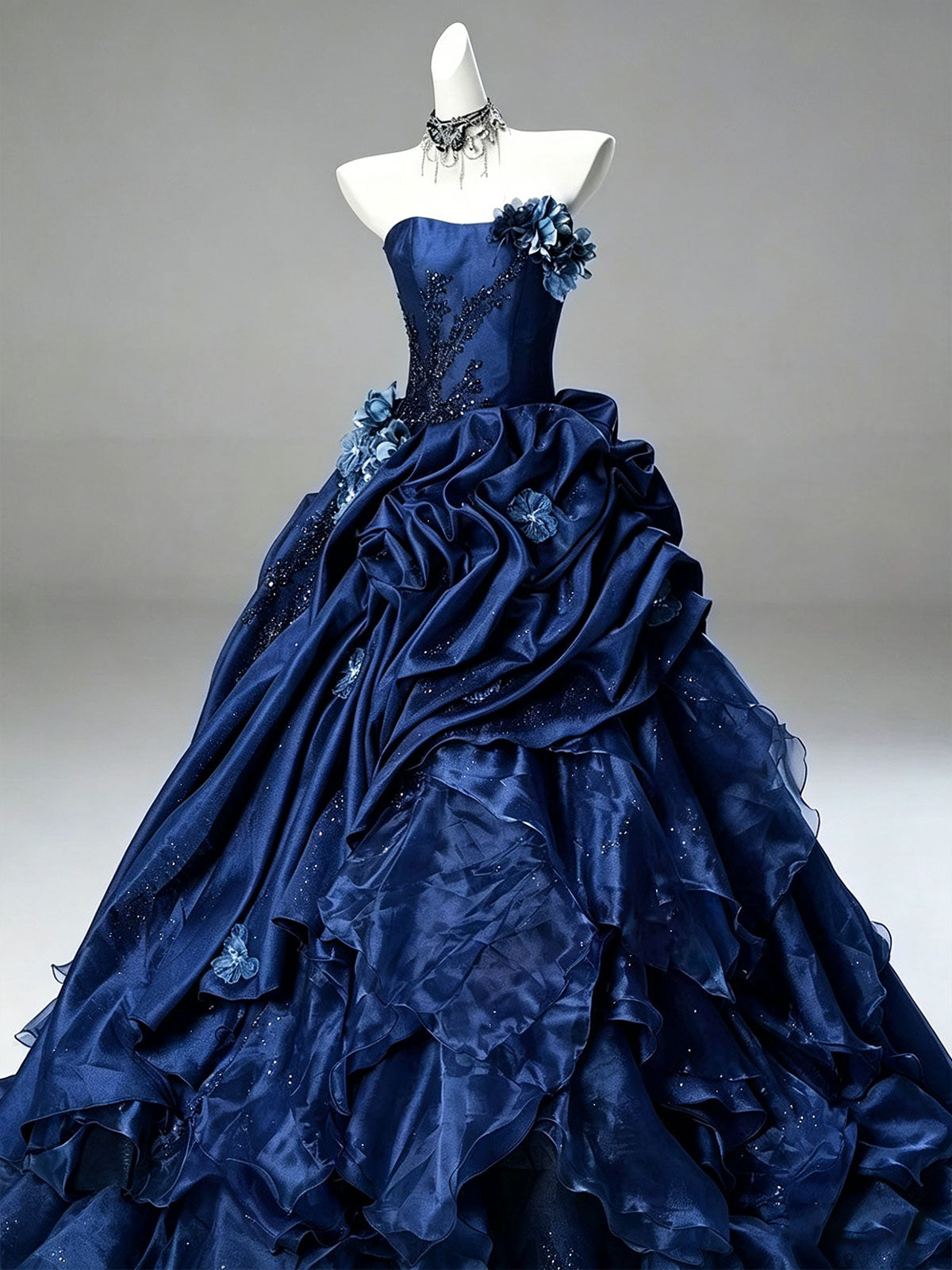 Strapless Navy Floral Beaded Ruffle Satin A-Line Formal Gown