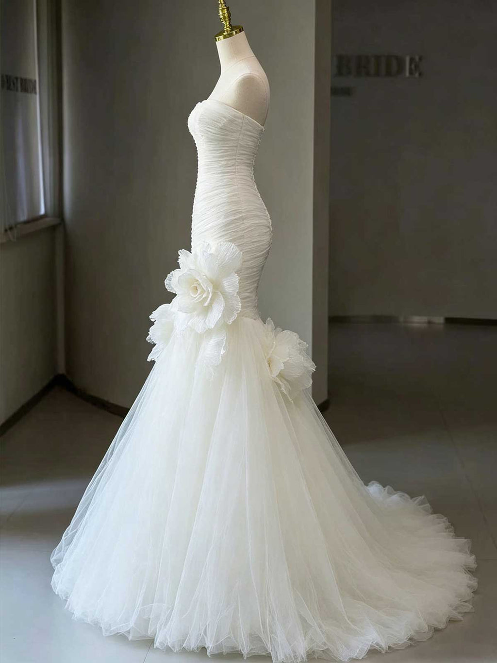 Ivory Ruched Tulle Strapless Mermaid Wedding Dress with 3D Floral Accent
