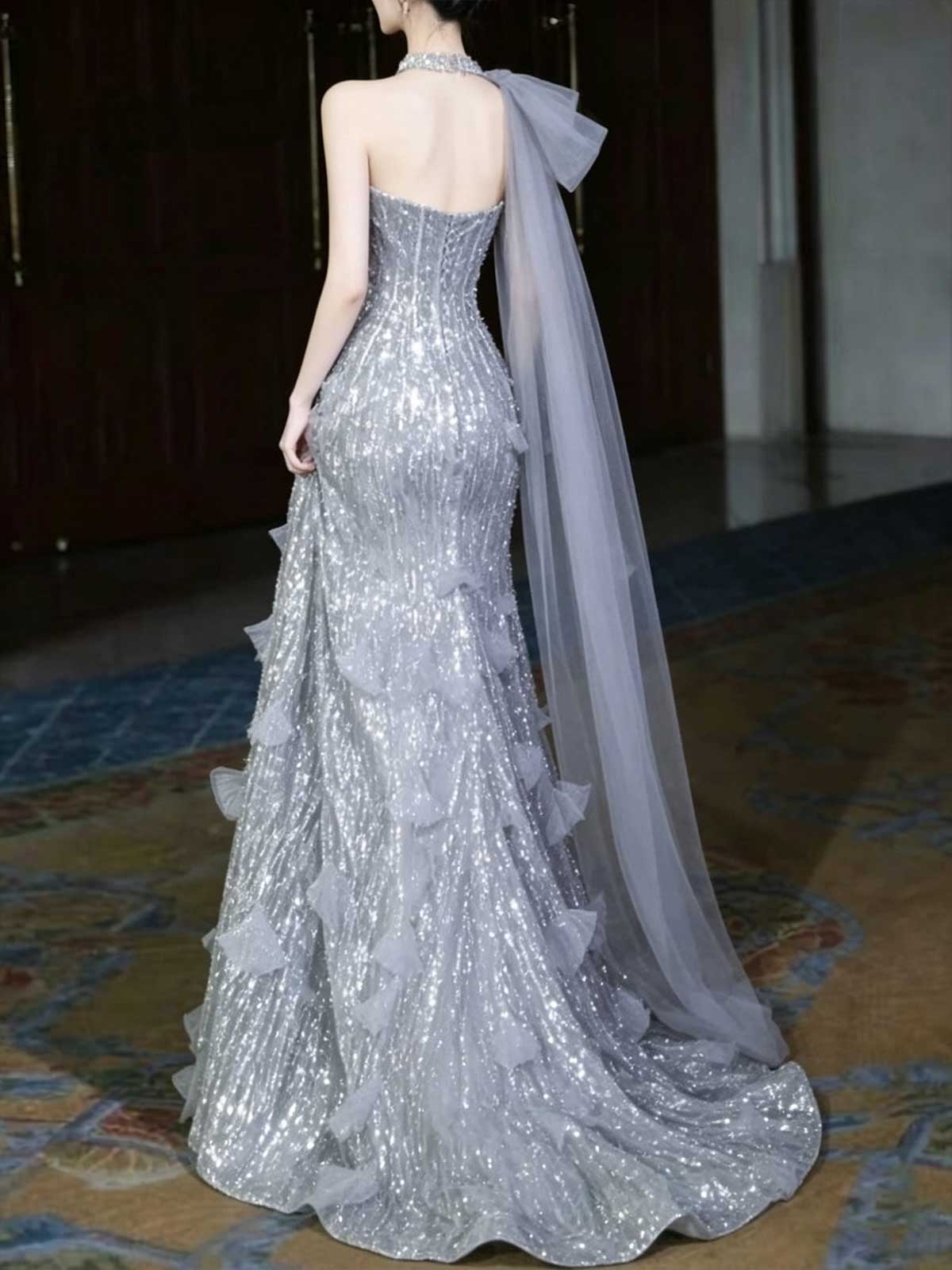 Silver Sequin One-Shoulder Tulle A-Line Evening Gown with Cape