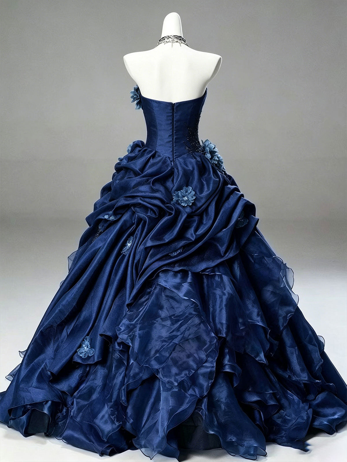 Strapless Navy Floral Beaded Ruffle Satin A-Line Formal Gown
