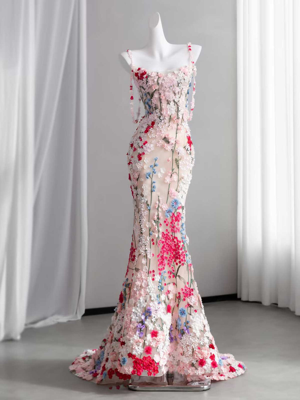 3D Floral Embroidered Mermaid Evening Gown