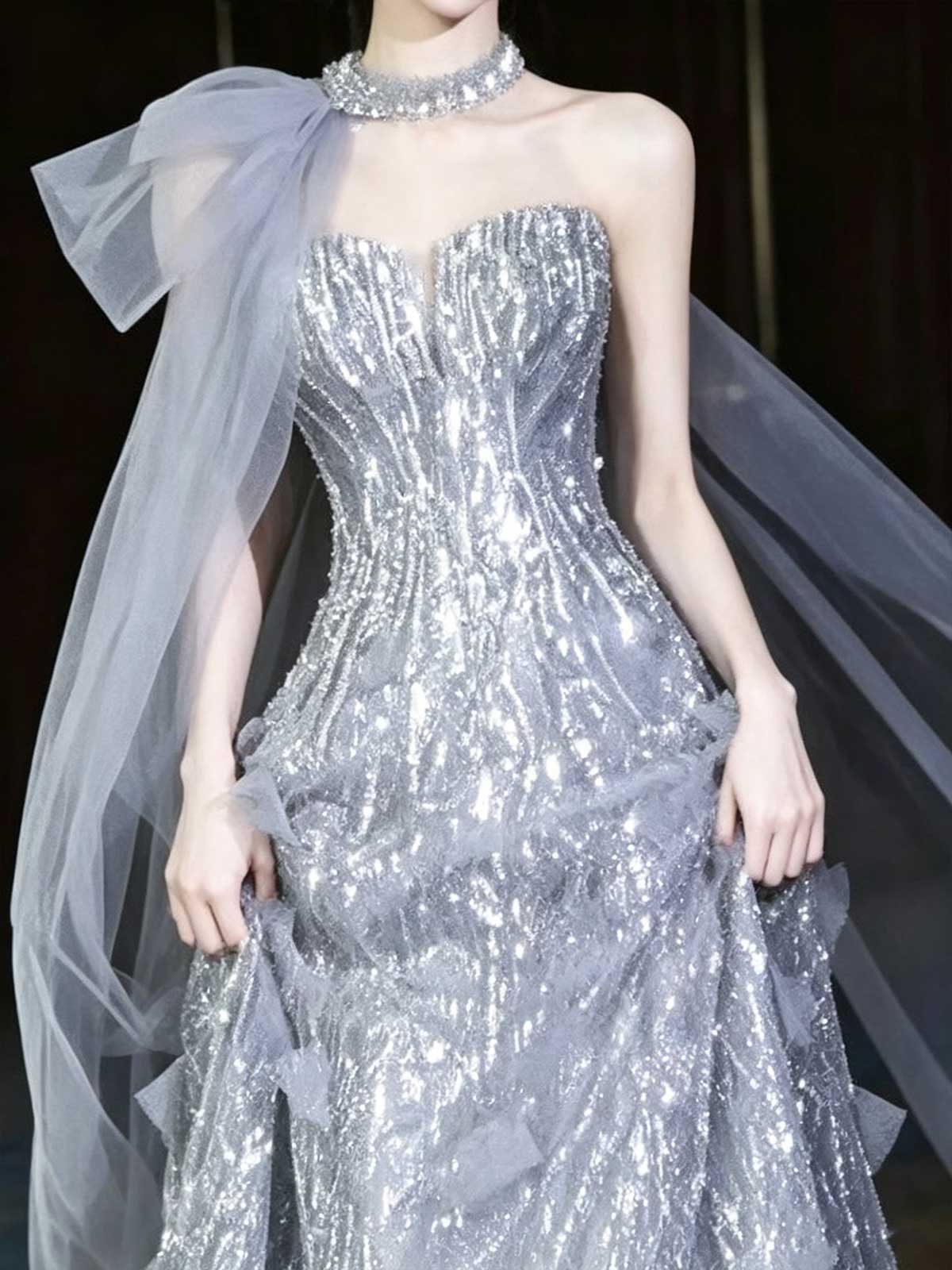 Silver Sequin One-Shoulder Tulle A-Line Evening Gown with Cape