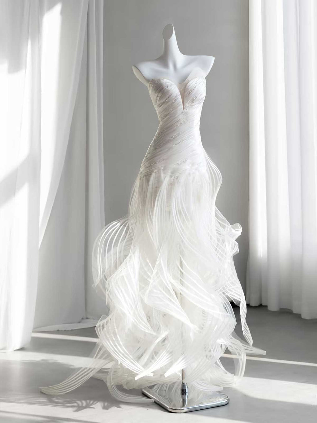 Strapless 3D Ruffled Tulle Mermaid Wedding Gown