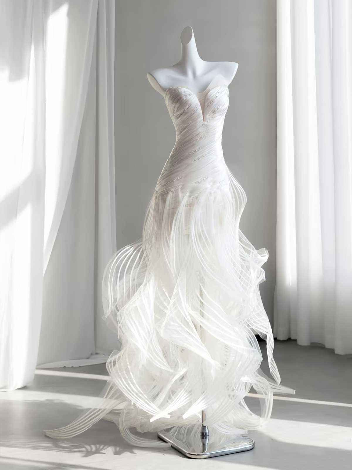 Strapless 3D Ruffled Tulle Mermaid Wedding Gown