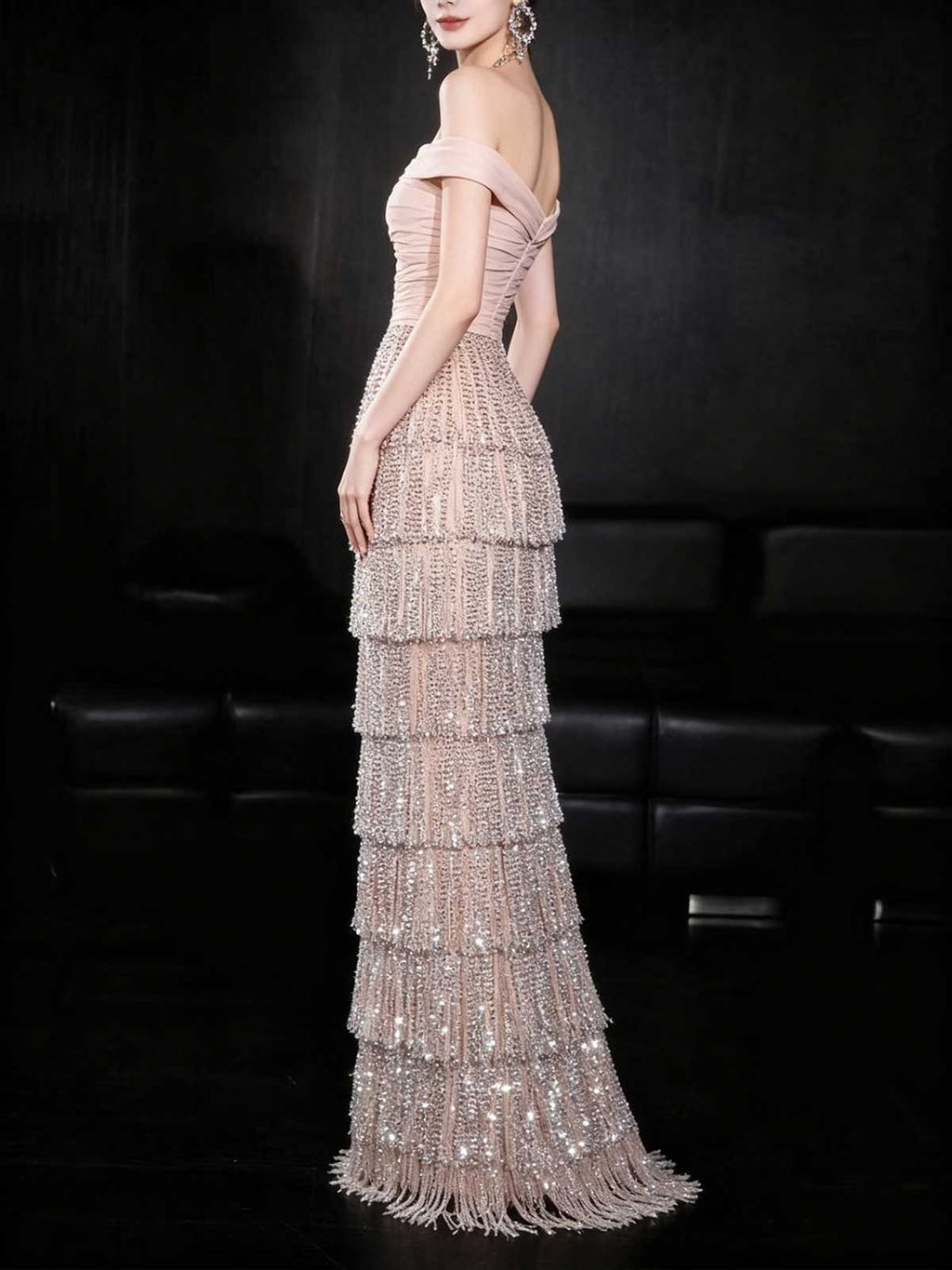 Blush Pink Tiered Fringe Sequin Evening Gown