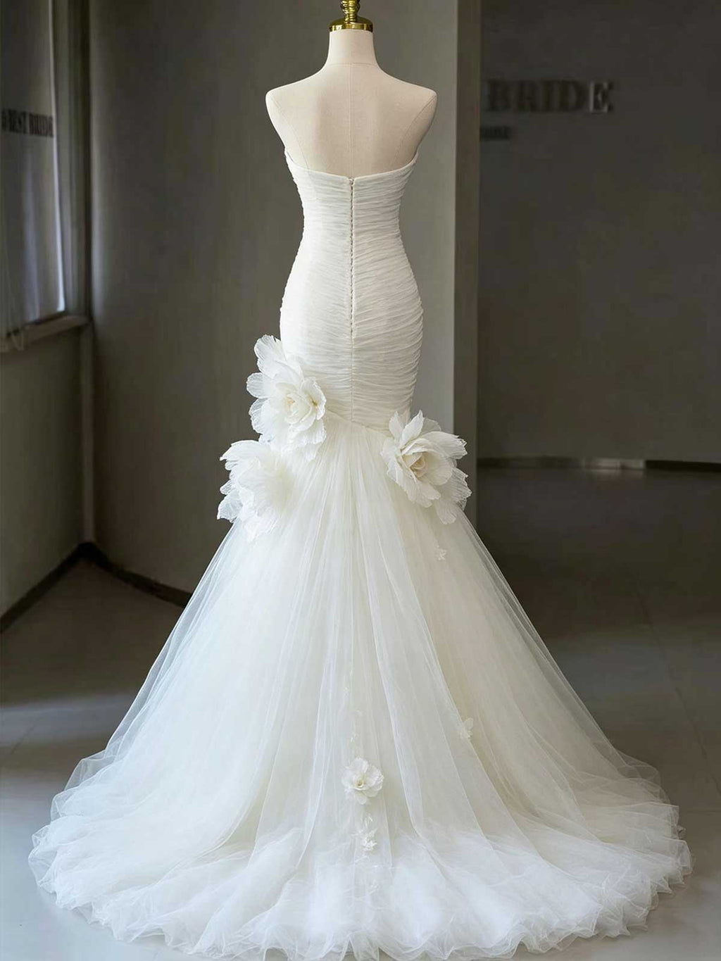 Ivory Ruched Tulle Strapless Mermaid Wedding Dress with 3D Floral Accent
