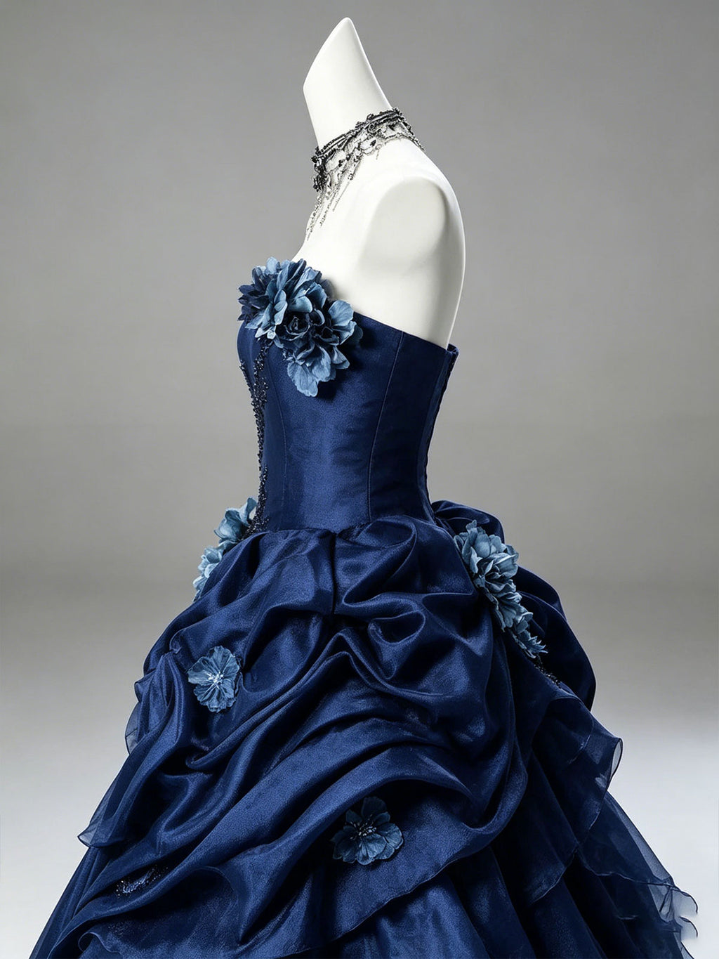 Strapless Navy Floral Beaded Ruffle Satin A-Line Formal Gown