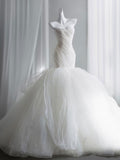 Strapless Ruched Tulle Mermaid Ball Gown Wedding Dress