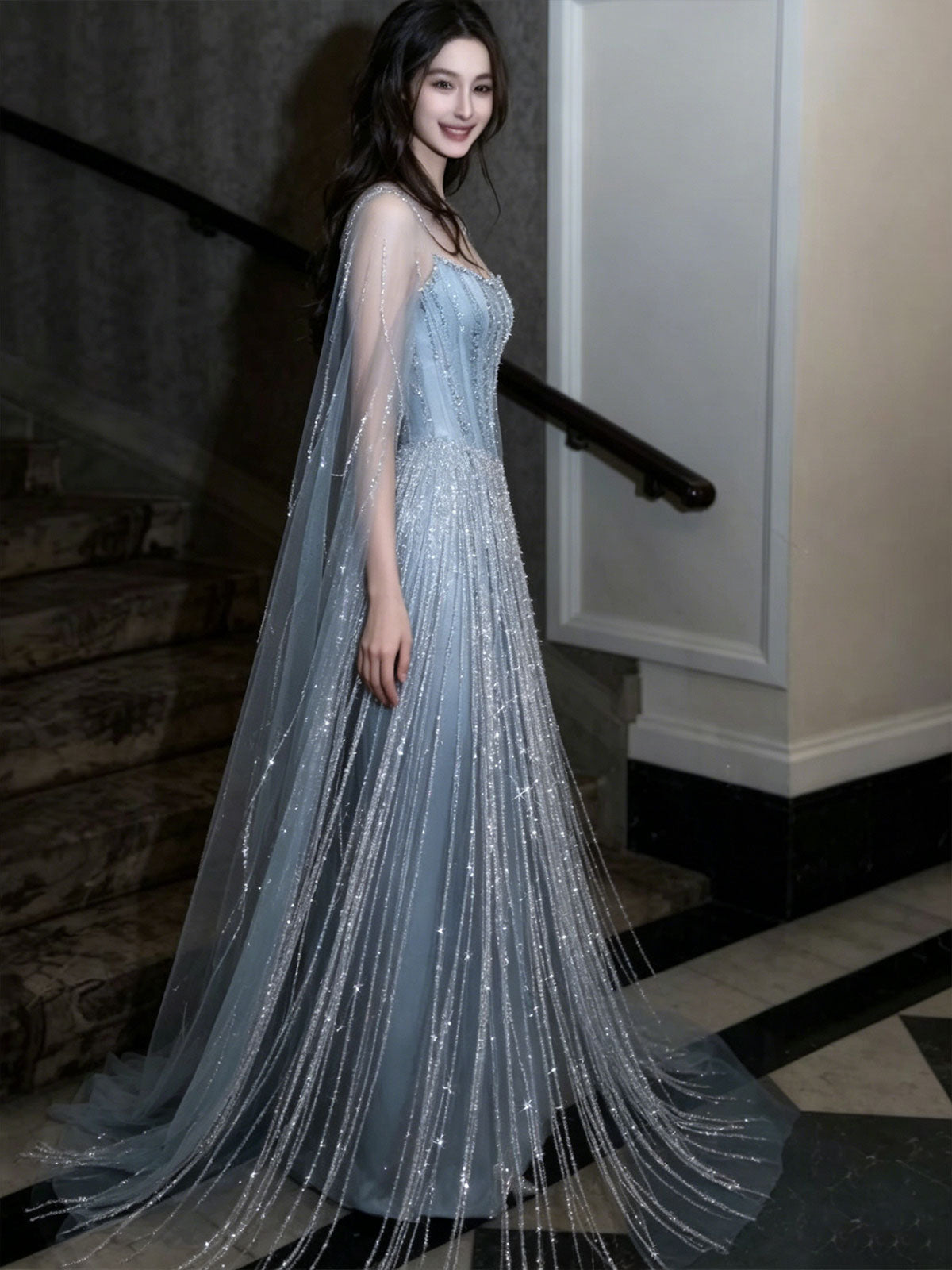 Corset Ice Blue Fringe Cape Tulle Sparkle Formal Evening Gown