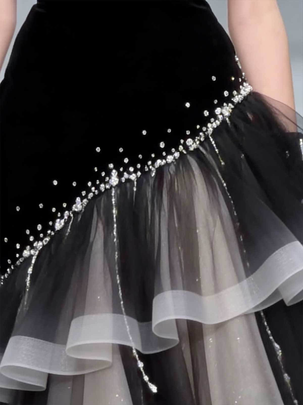 Luxury Black Velvet Gradient Tulle Ball Gown with Pearls