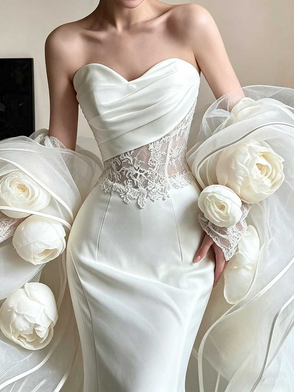 Strapless Satin Mermaid Wedding Dress with Detachable Floral Tulle Sleeves