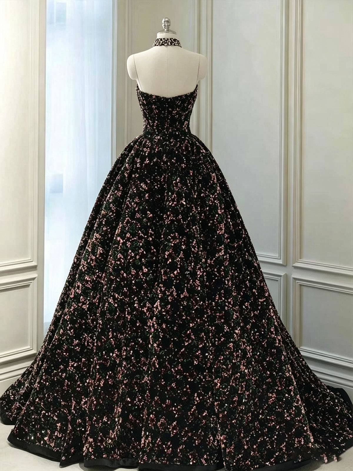 Black Multicolor Sequin Strapless Ball Gown with Choker Neckline