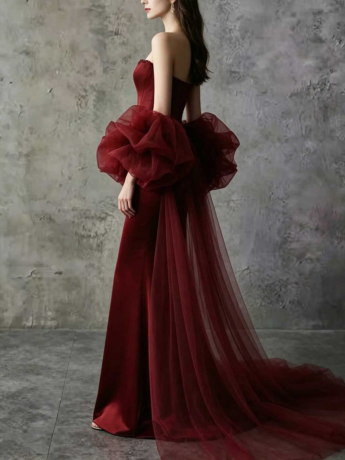 Burgundy Satin Strapless Mermaid Evening Gown with Tulle Sleeves