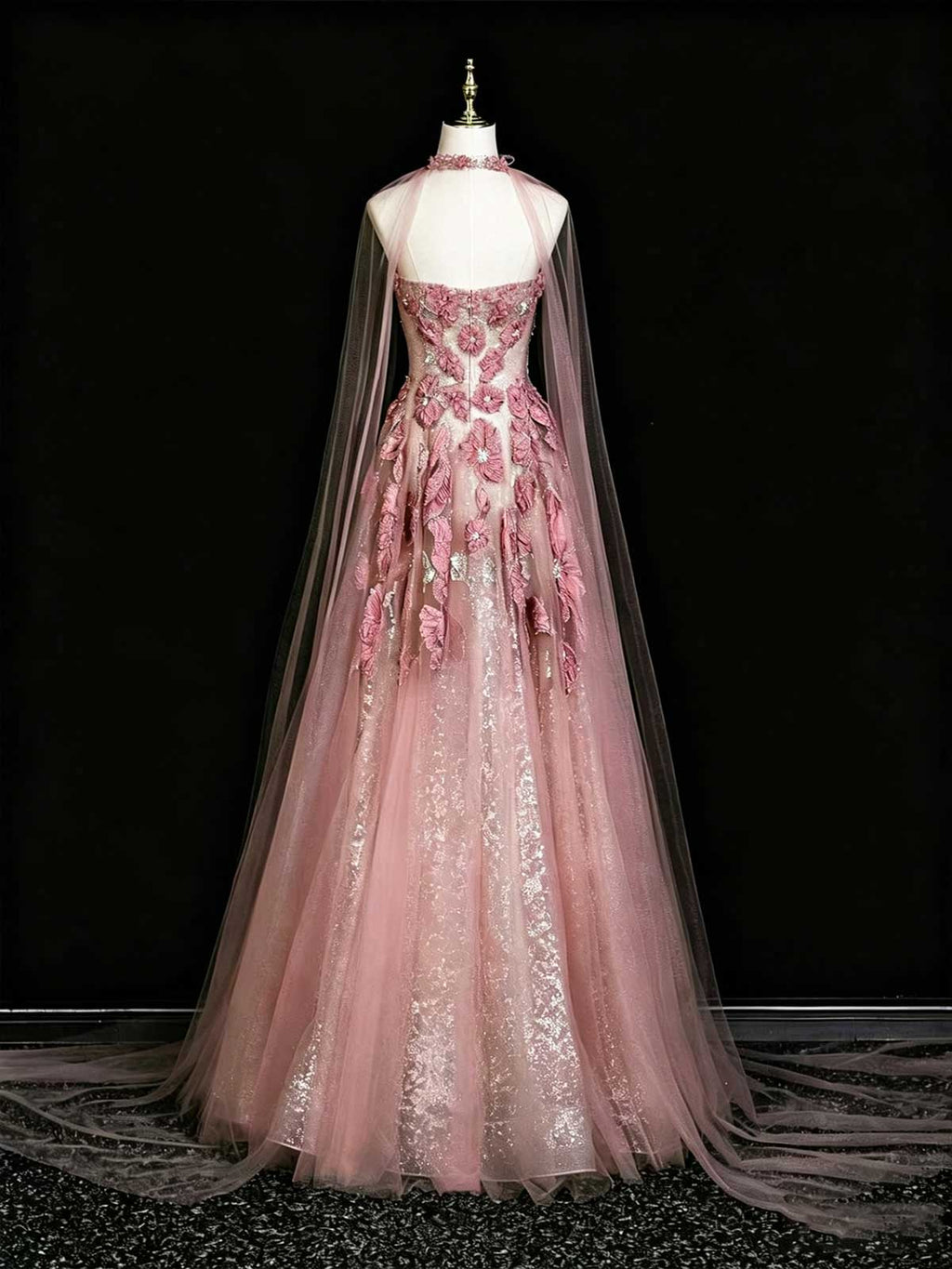 Dusty Pink 3D Floral Applique Strapless A-Line Evening Gown with Cape