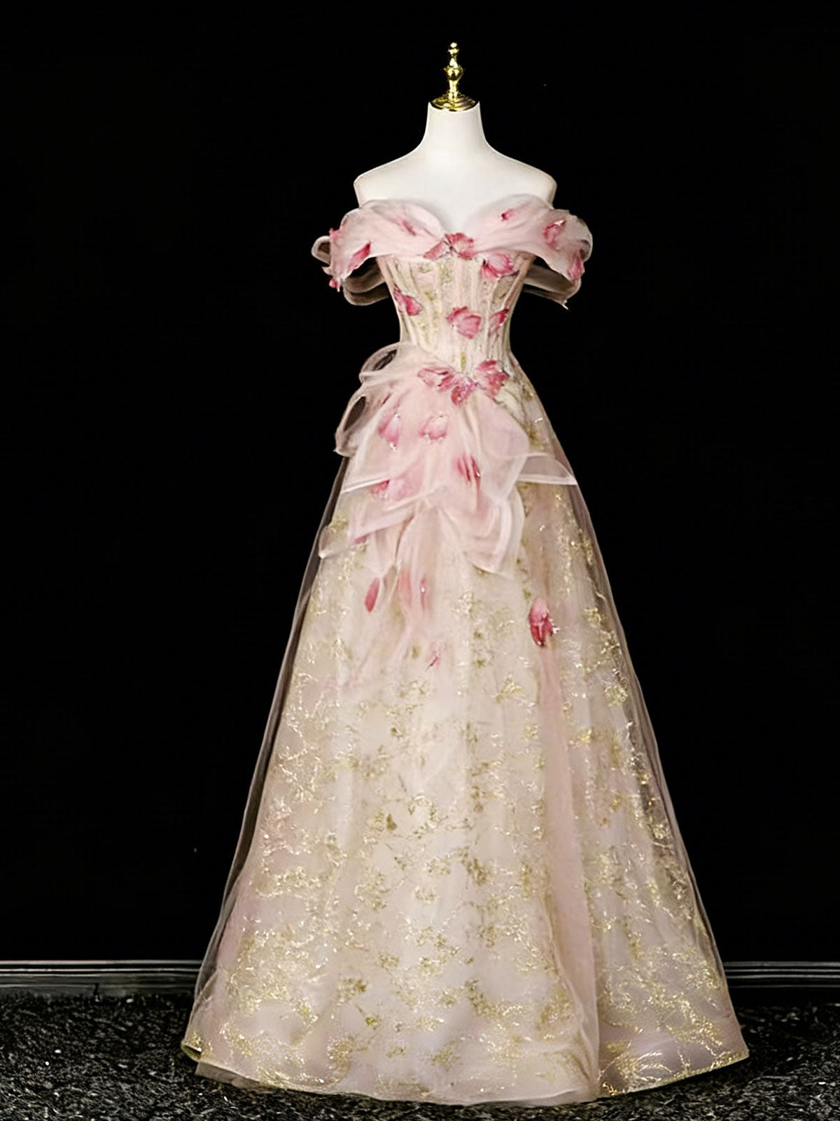 Blush Pink 3D Floral Off-the-Shoulder A-Line Evening Gown with Gold Foil