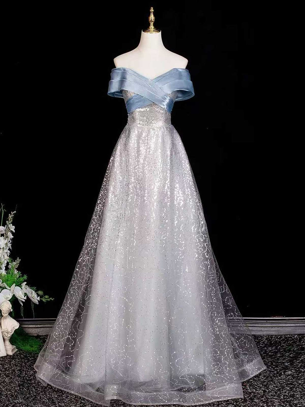 Silver Blue Off-the-Shoulder Satin & Sequin A-Line Prom Dress