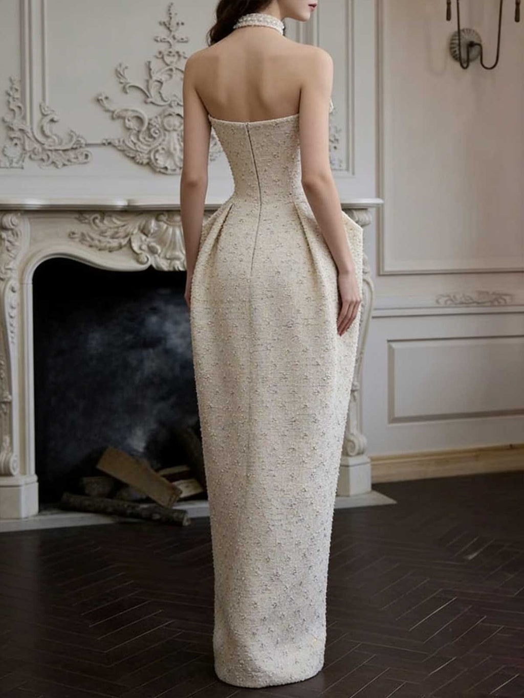 Ivory Tweed Strapless Maxi Evening Gown
