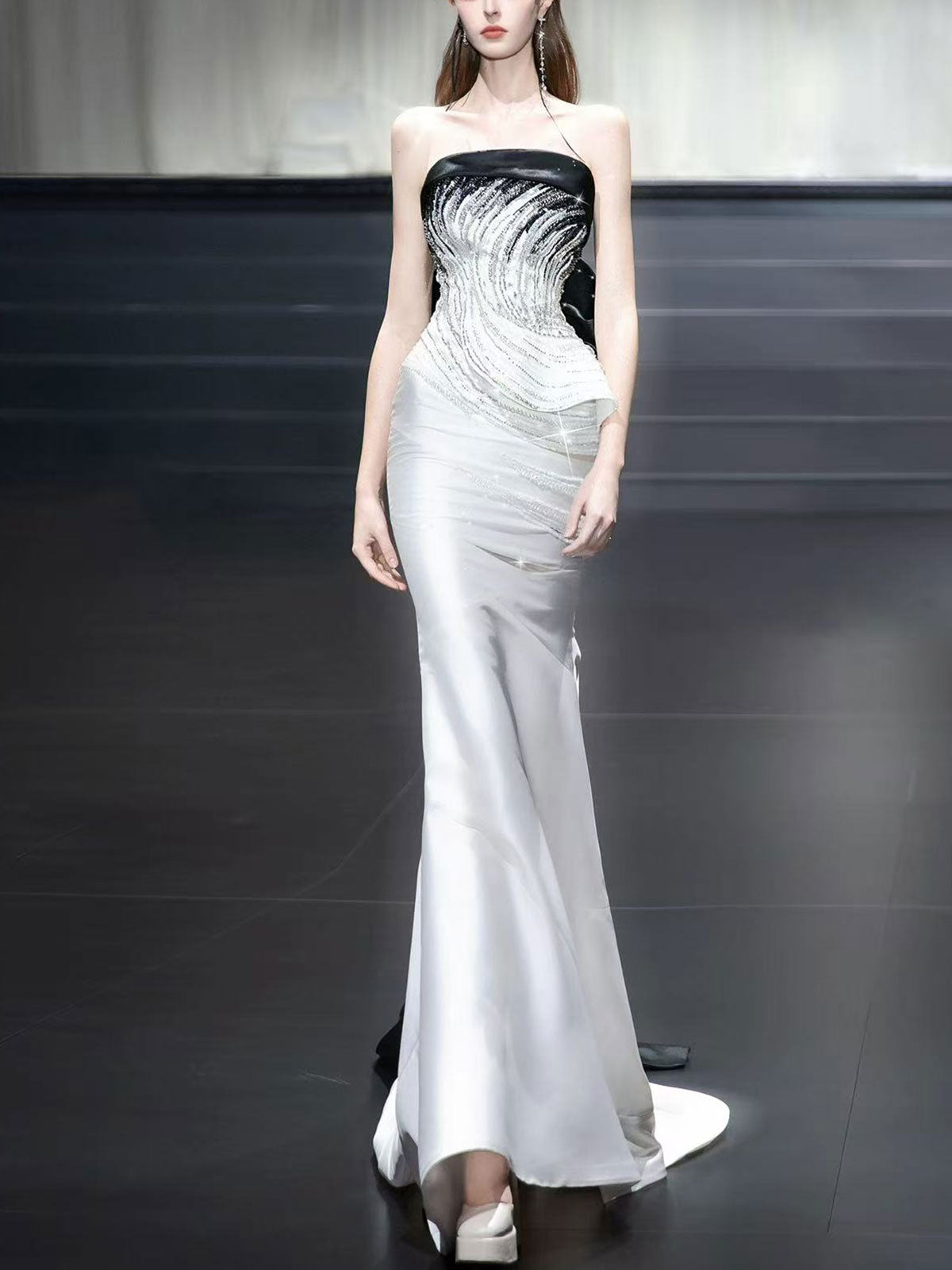 Black White Colorblock Beaded Strapless Satin Mermaid Evening Gown