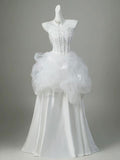 White Lace Corset Satin A-Line Wedding Dress with Tulle Peplum