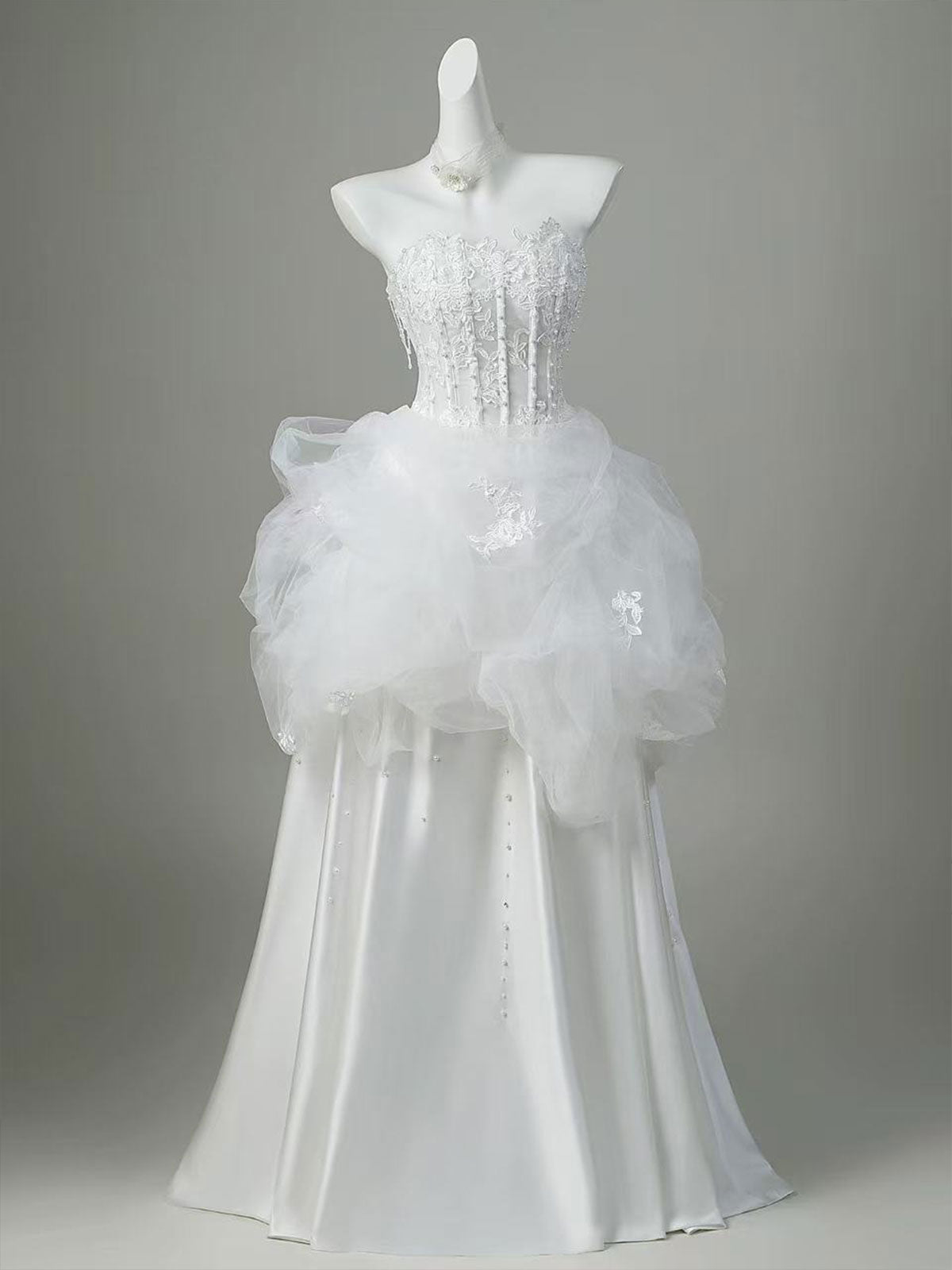 White Lace Corset Satin A-Line Wedding Dress with Tulle Peplum