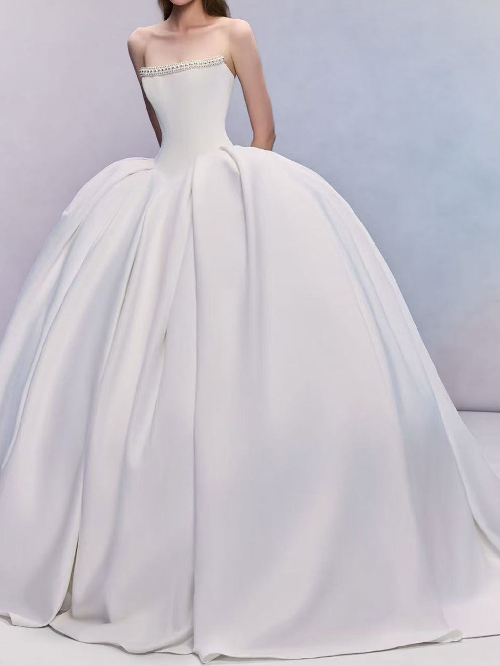 Minimalist Strapless Satin Ball Gown with Crystal Embellished Neckline