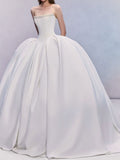 Minimalist Strapless Satin Ball Gown with Crystal Embellished Neckline