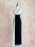 Black & White Draped Maxi Dress with Floral Detail