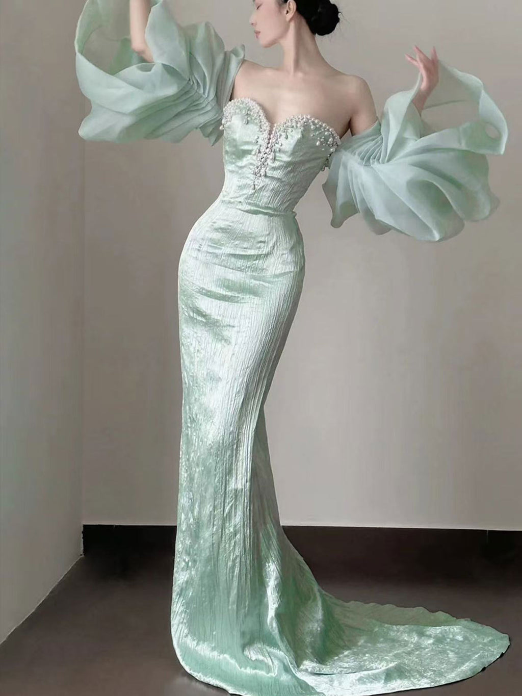 Mint Green Off Shoulder Pearl Sweetheart Mermaid Gown with Voluminous Organza Puff Sleeves