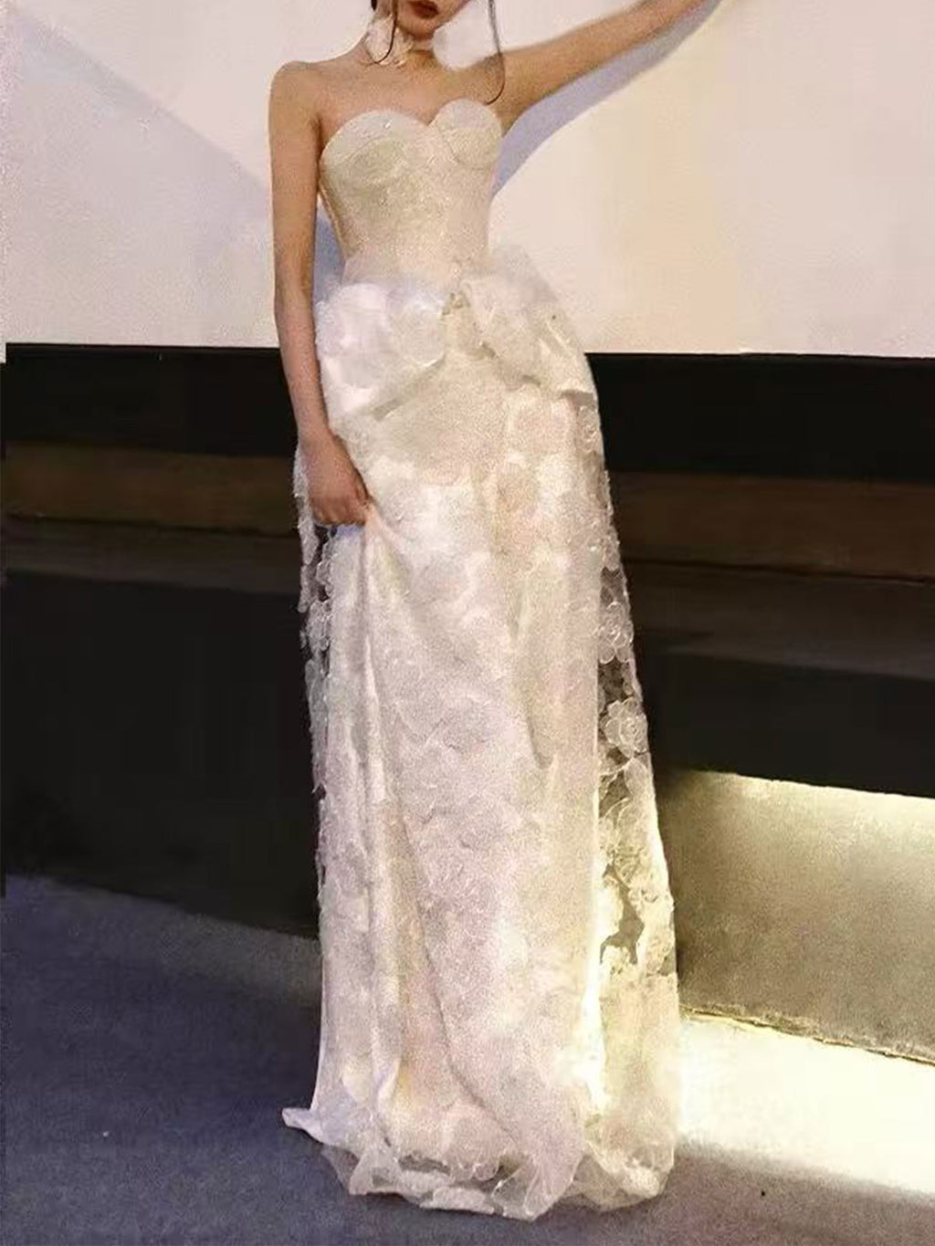 Ivory Satin Strapless Mermaid Wedding Dress with 3D Floral Overskirt