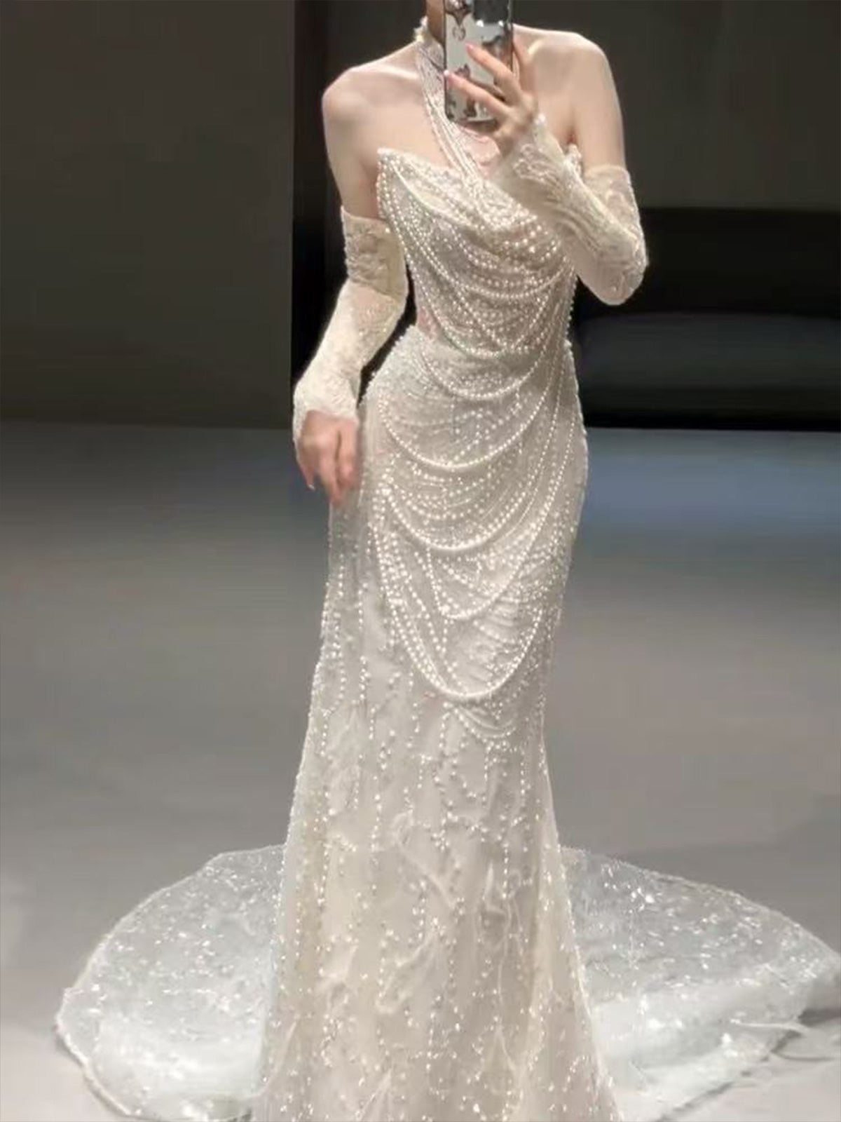 High Neck Pearl Beaded Sheer Mesh Mermaid Train Wedding Gown