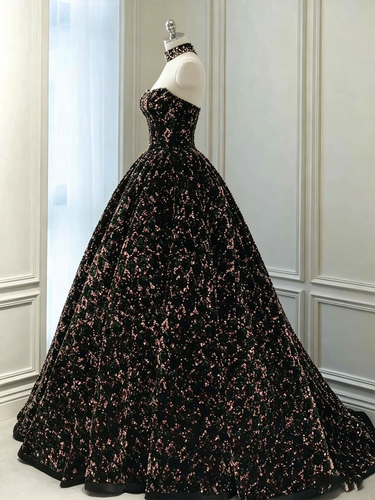 Black Multicolor Sequin Strapless Ball Gown with Choker Neckline