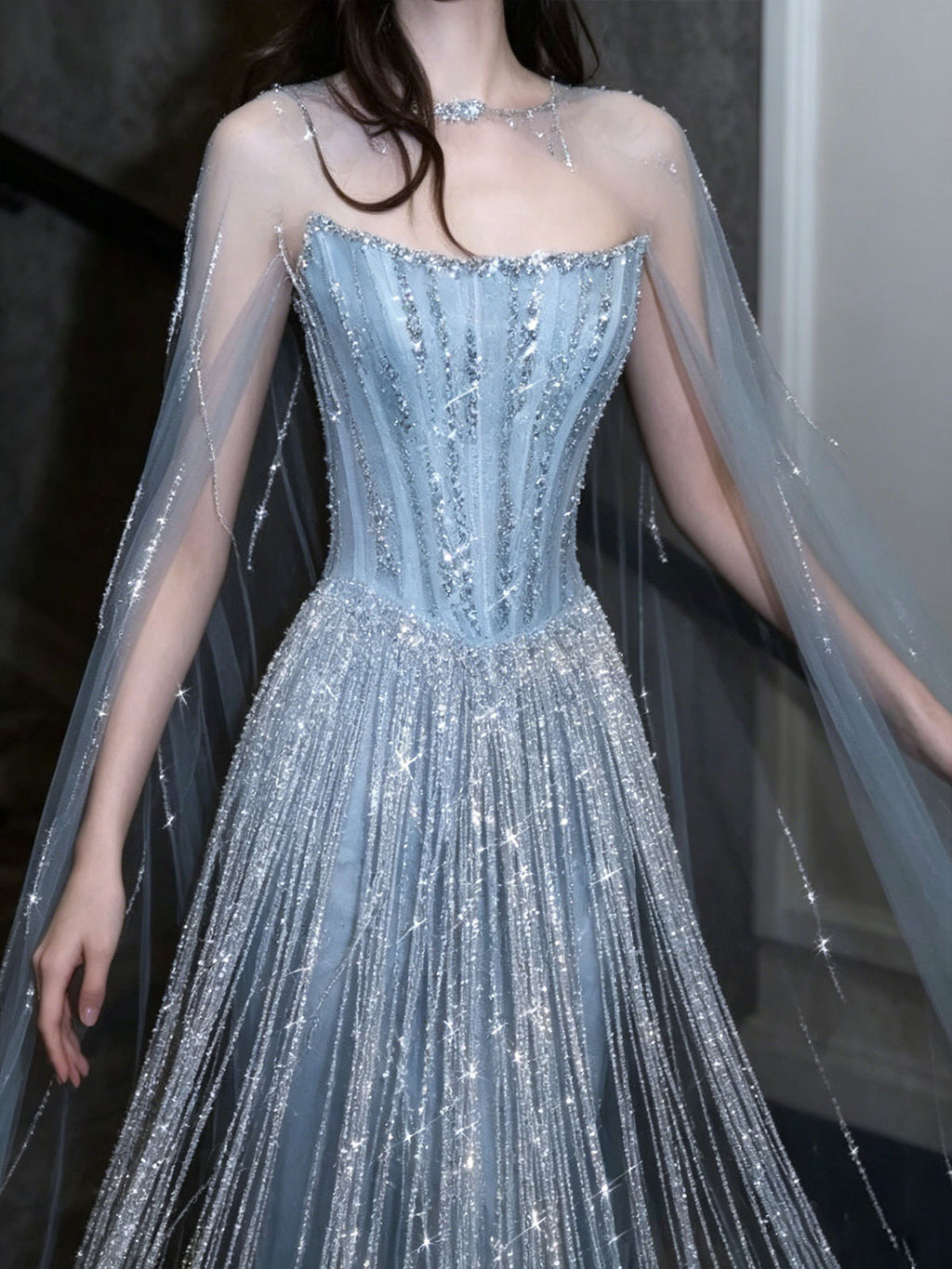 Corset Ice Blue Fringe Cape Tulle Sparkle Formal Evening Gown