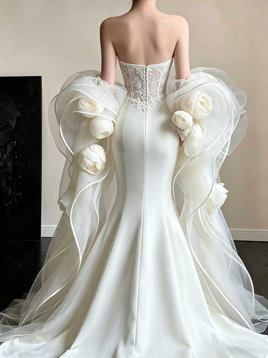 Strapless Satin Mermaid Wedding Dress with Detachable Floral Tulle Sleeves