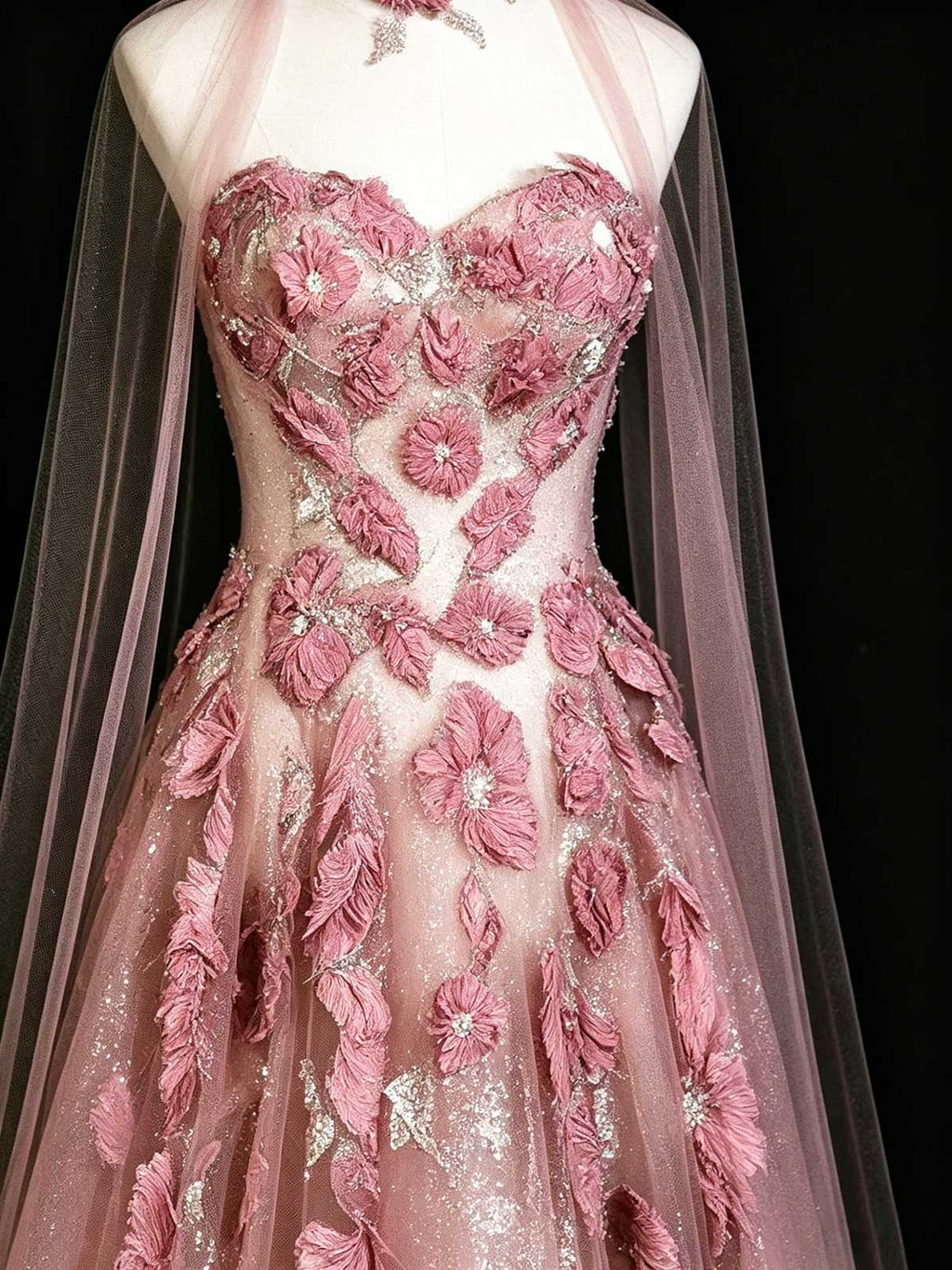 Dusty Pink 3D Floral Applique Strapless A-Line Evening Gown with Cape