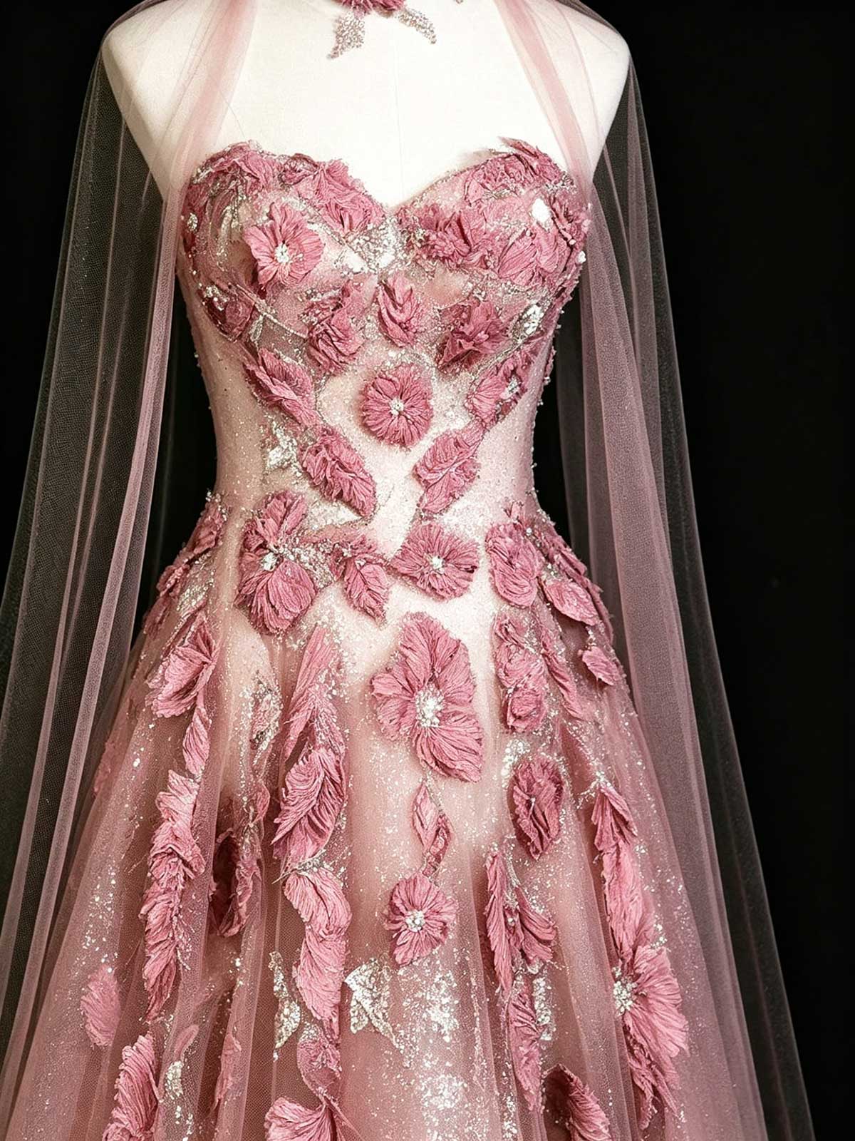 Dusty Pink 3D Floral Applique Strapless A-Line Evening Gown with Cape
