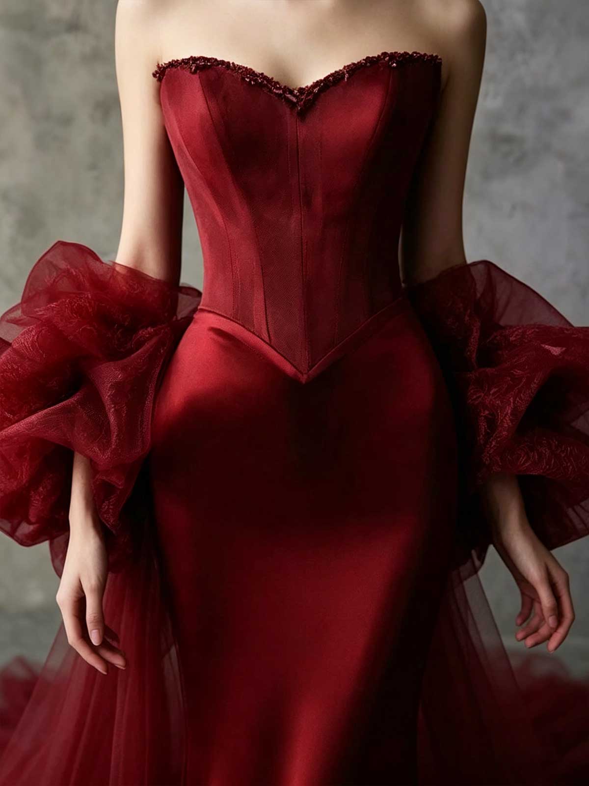 Burgundy Satin Strapless Mermaid Evening Gown with Tulle Sleeves