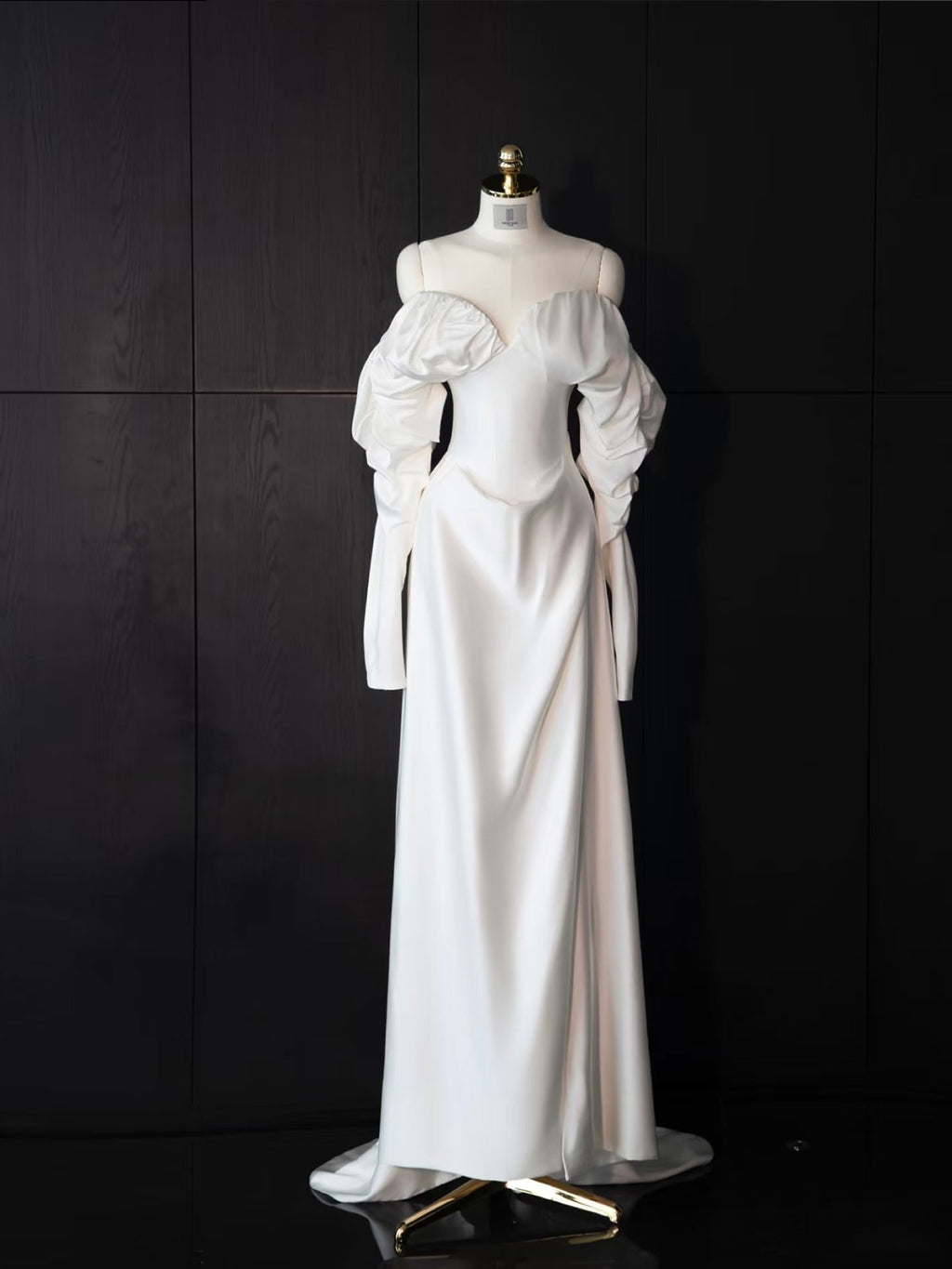 White Off-Shoulder Puff Sleeve Satin Wedding Gown