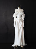 White Off-Shoulder Puff Sleeve Satin Wedding Gown