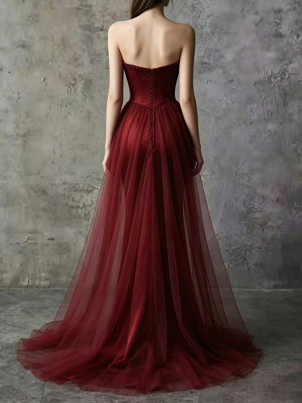 Burgundy Satin Strapless Mermaid Evening Gown with Tulle Sleeves