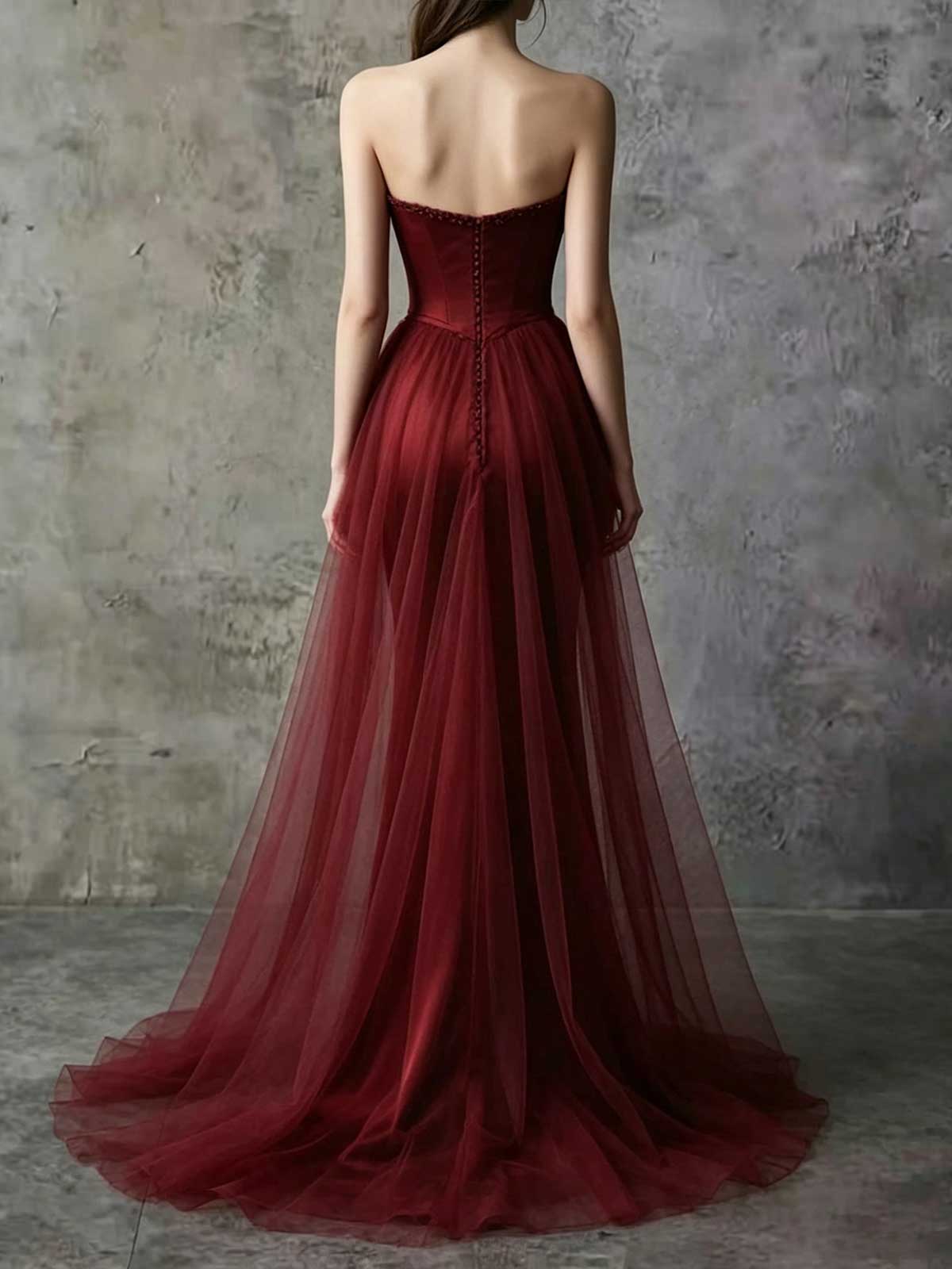 Burgundy Satin Strapless Mermaid Evening Gown with Tulle Sleeves