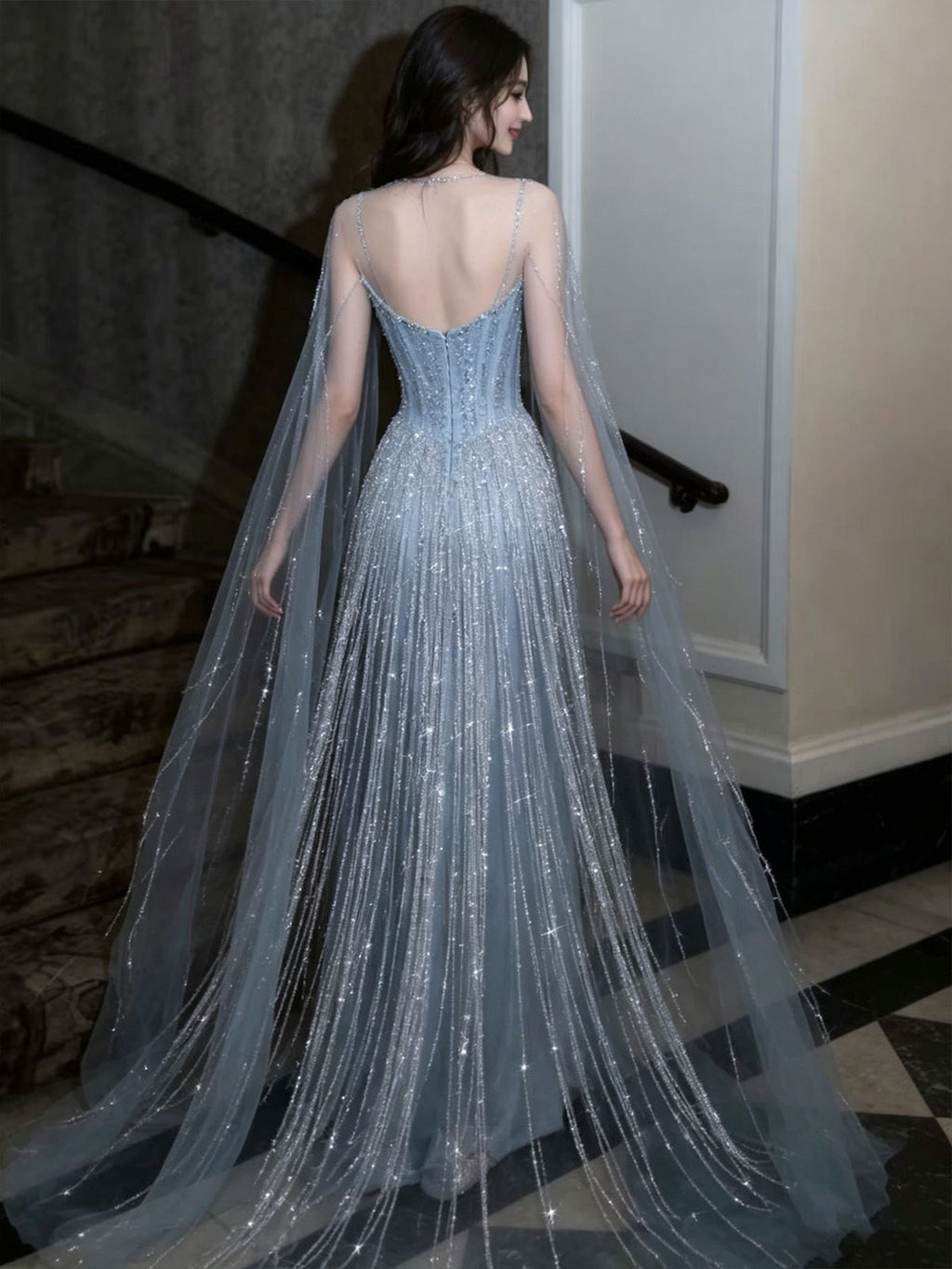 Corset Ice Blue Fringe Cape Tulle Sparkle Formal Evening Gown