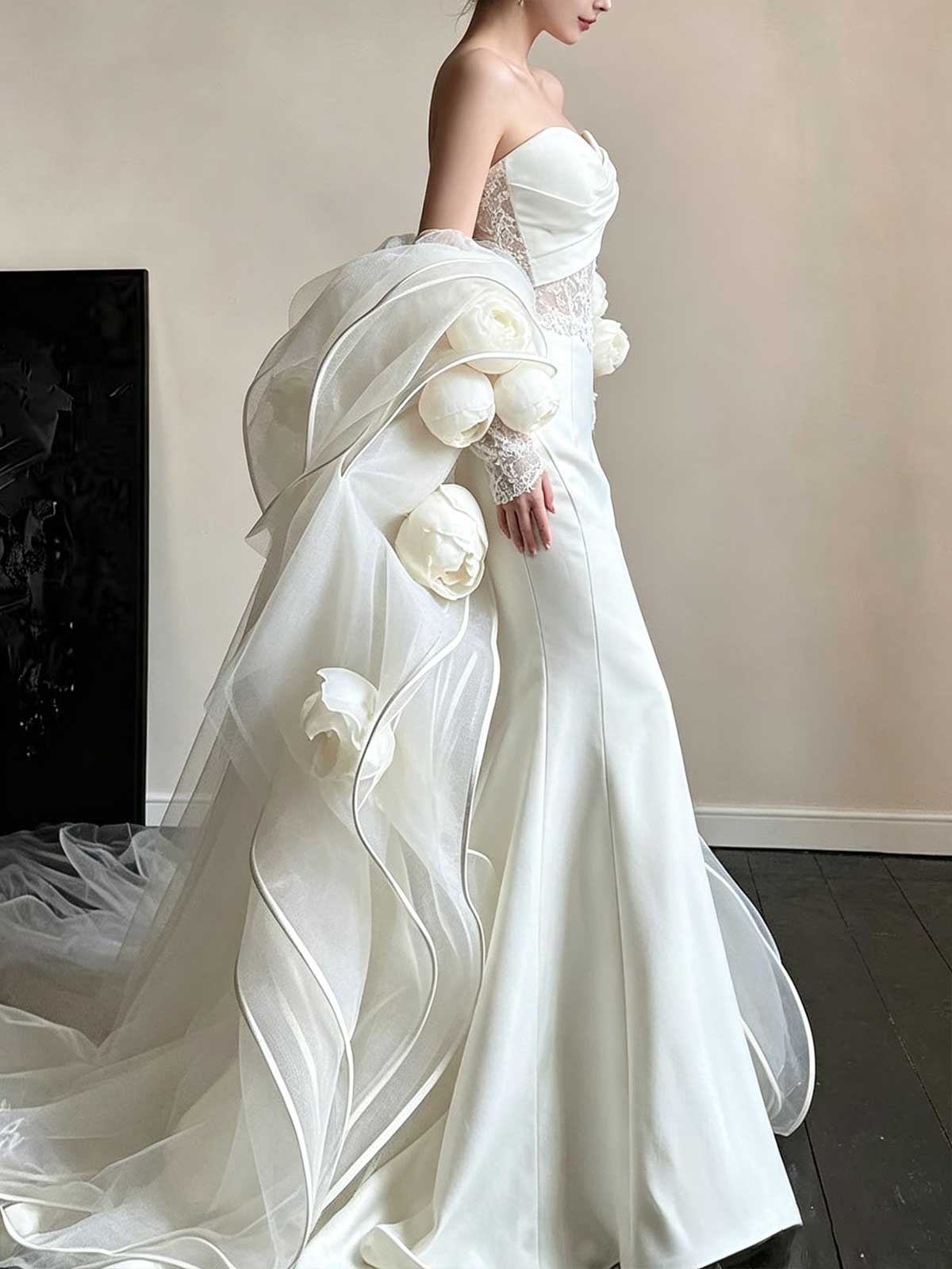 Strapless Satin Mermaid Wedding Dress with Detachable Floral Tulle Sleeves