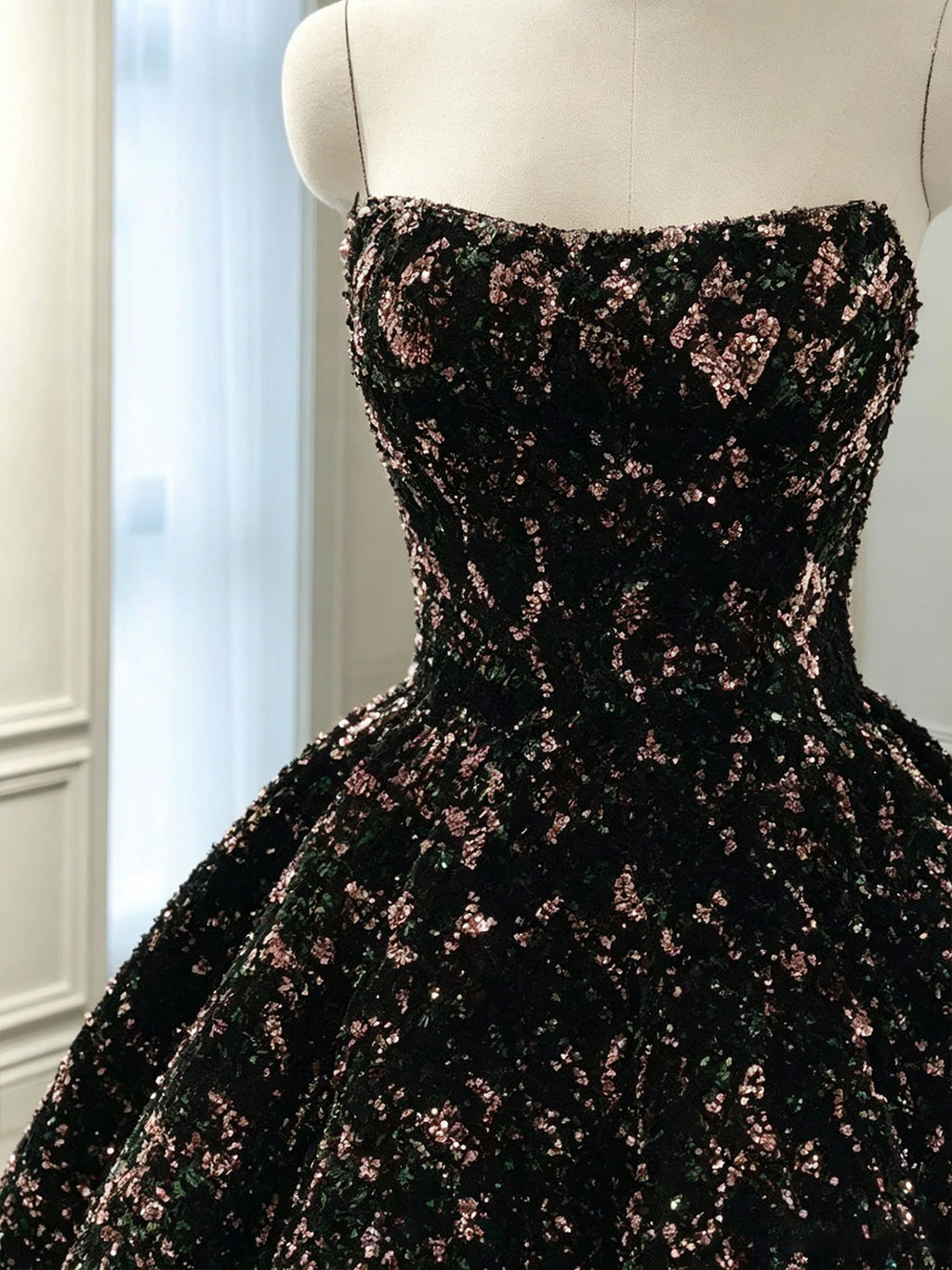 Black Multicolor Sequin Strapless Ball Gown with Choker Neckline