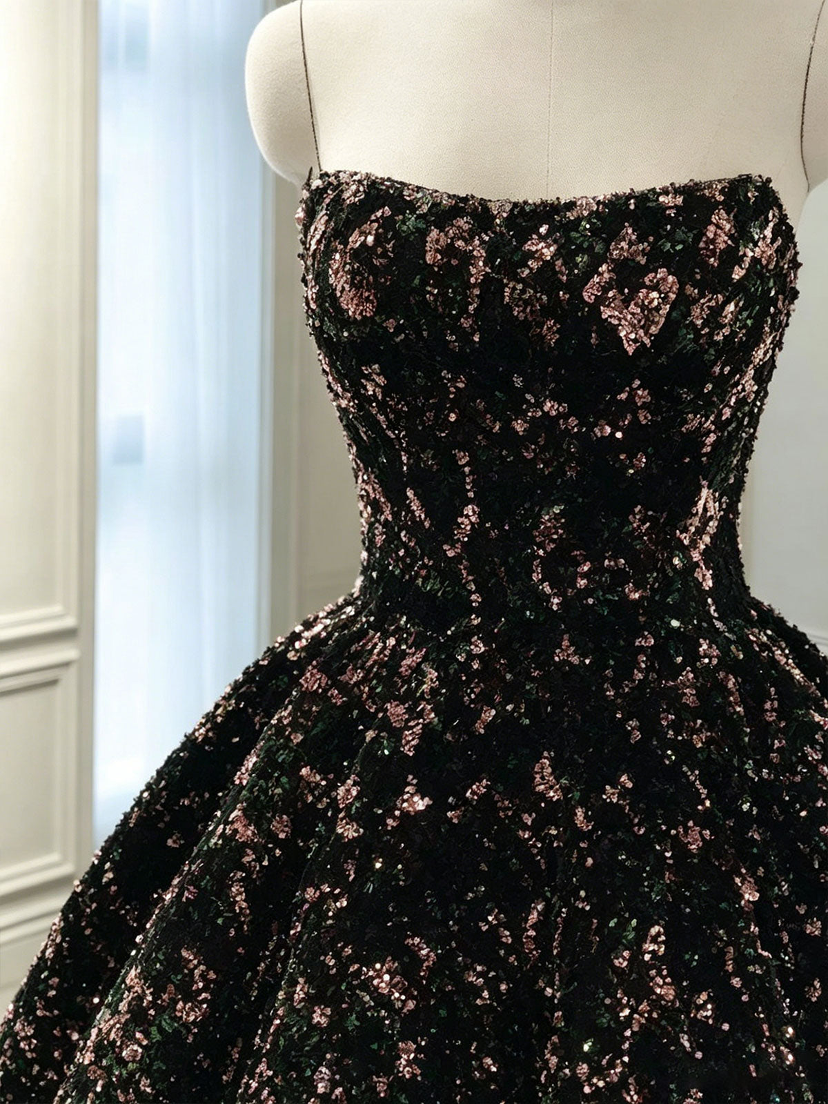 Black Multicolor Sequin Strapless Ball Gown with Choker Neckline