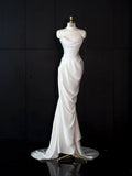 White Strapless Draped Satin Mermaid Wedding Gown
