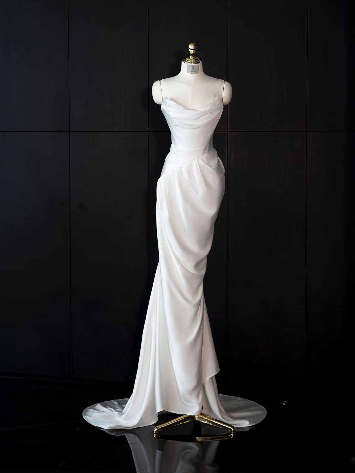 White Strapless Draped Satin Mermaid Wedding Gown