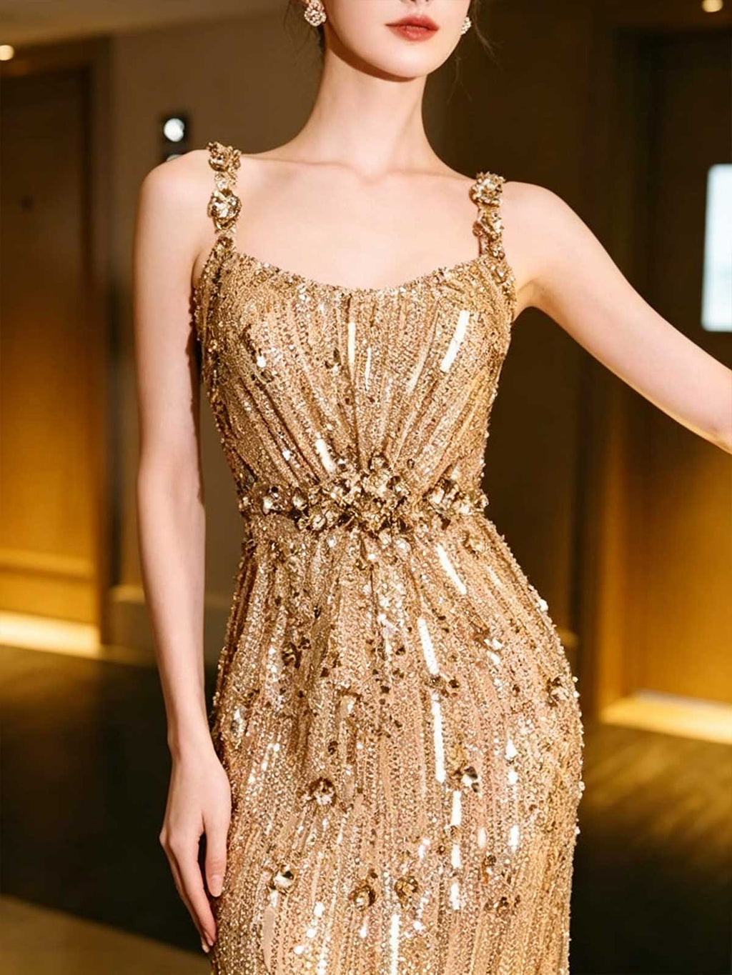 Champagne Gold Beaded Sequin Mermaid Evening Gown with Embellished Straps